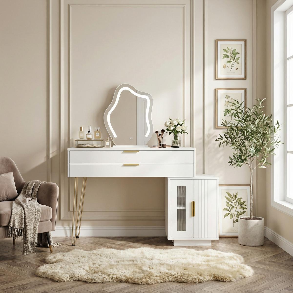 SCHMINKTISCH in Weiß mit LED-Spiegel & Seitenschrank - Weiß, Holzwerkstoff (100/78/40cm) - Urban Meuble