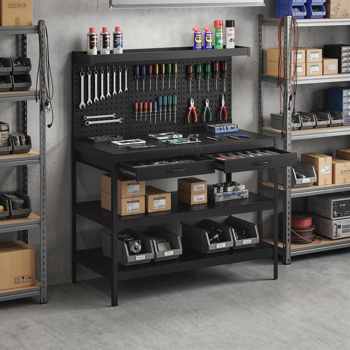 WERKBANK Stahl MDF Schwarz - Schwarz, Metall (61/156/122cm) - HOMCOM