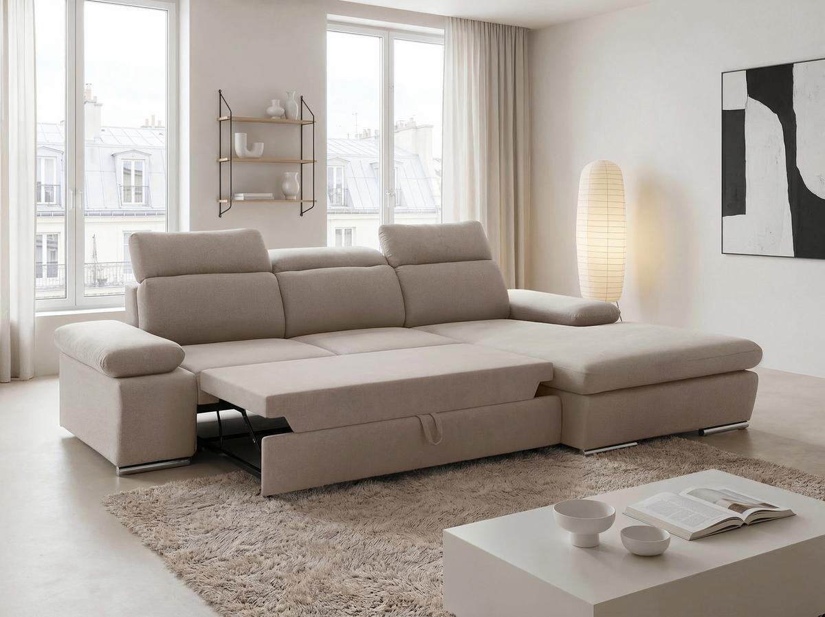 ECKSOFA PABLO mit Schlaffunktion und Bettkasten Beige - Beige, Holzwerkstoff/Kunststoff (250/90cm) - Idohome