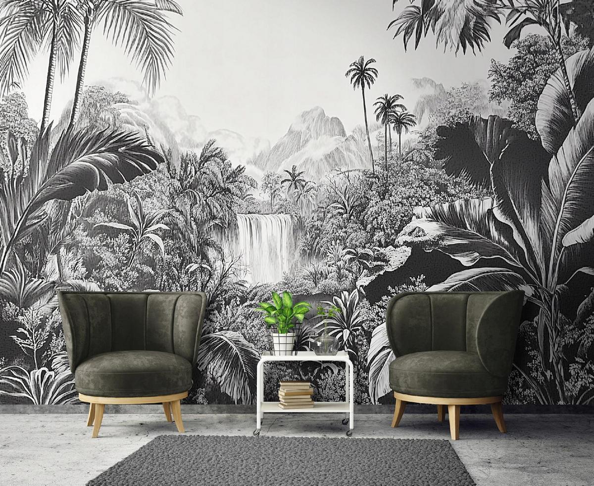 FOTOTAPETE Dschungel Wald Schwarz Weiß Tapete Wohnzimmer Schlafzimmer 150x105 - Grau, Papier (150/105cm) - Wallarena