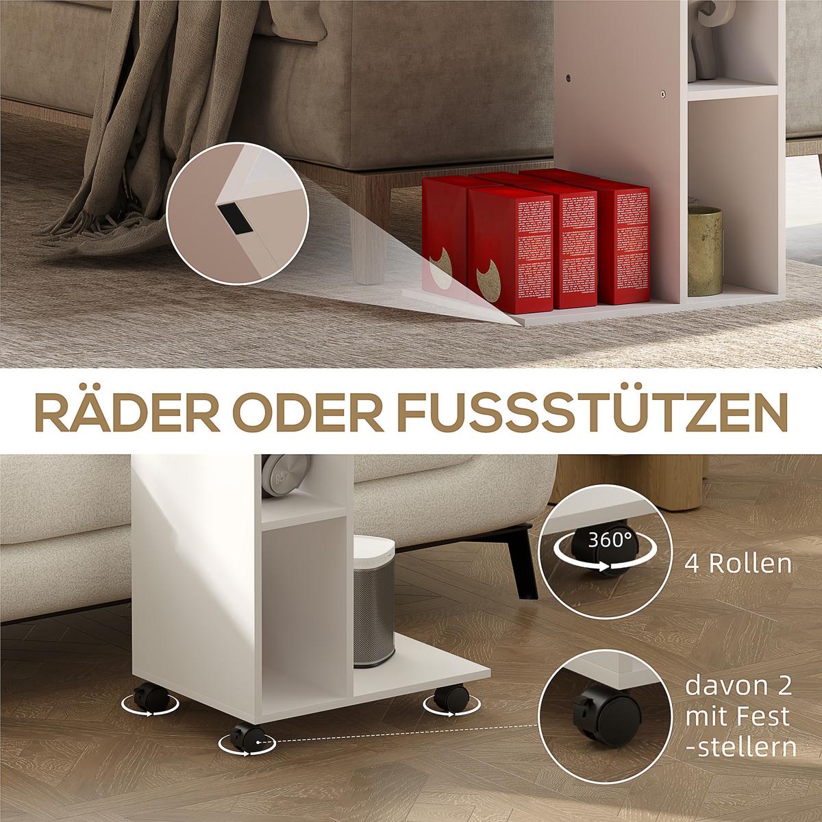 BEISTELLTISCH Couchtisch mit Rollen, Schreibtisch mit 4 Regalen, Sofatisch Weiß - Weiß, Holzwerkstoff (40/30/69cm) - HOMCOM