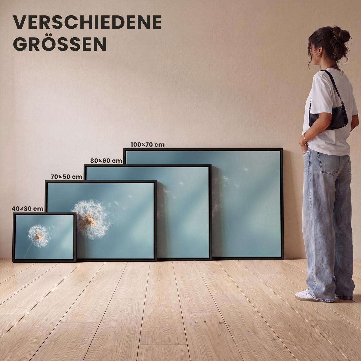 LEINWAND Bilder mit Rahmen - Löwenzahn - Wind - Blau - 80x60 - Blaugrau, Textil (80/60cm) - MuchoWow