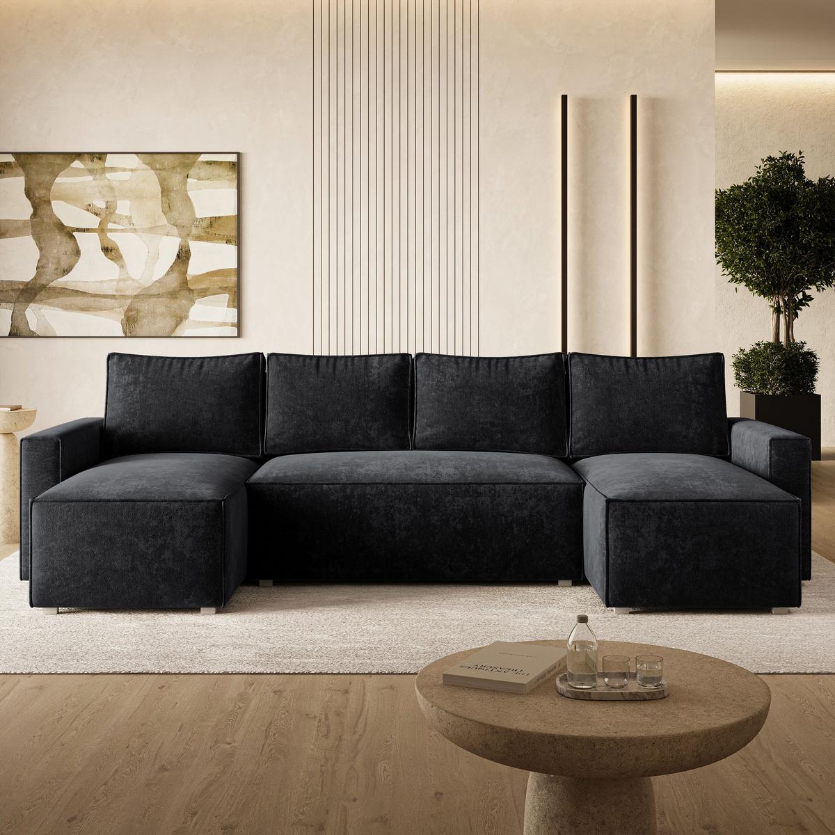 WOHNLANDSCHAFT ASPRA LM Schwarz Chenille mit Schlaffunktion - Schwarz, Holz (295/85/140cm) - MASSENO