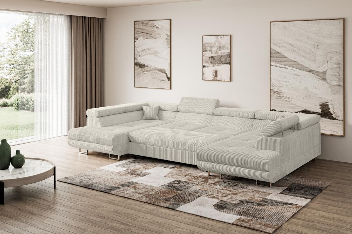 WOHNLANDSCHAFT mit Schlaffunktion und Bettkasten GUSA-U 342x202x107 cm Creme Cord - Silberfarben/Hellgrau, Holzwerkstoff/Textil (342/107/202cm) - ALTDECOR
