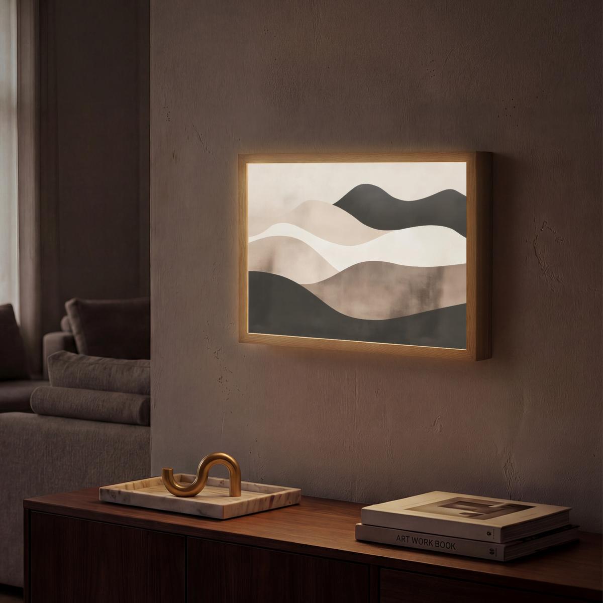 WANDLEUCHTE MIT AKKU Abstrakt - Landschaft - Wellen - Cremefarben 40x30 cm - Graubraun, Holzwerkstoff (40/30/8cm) - OnlyWow