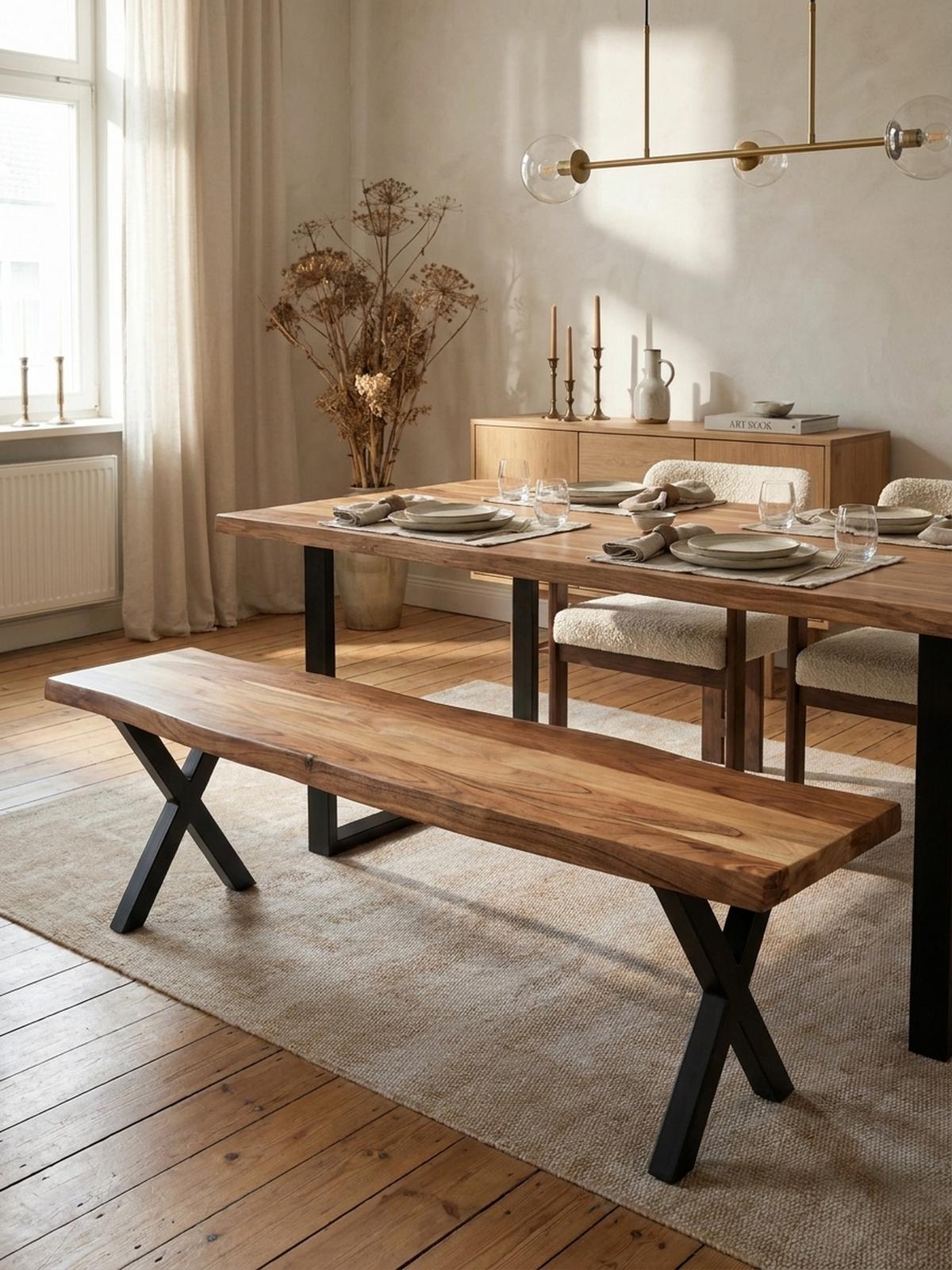 ESSZIMMERBANK Massivholz Metall Baumkante X-Beine, Akazie 160x40x46 cm - Schwarz/Braun, Holz/Metall (160/46/40cm) - KADIMA DESIGN