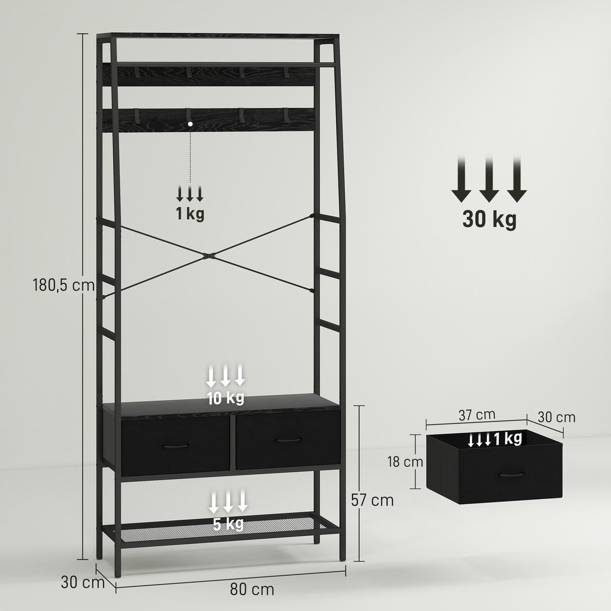 GARDEROBENSTÄNDER, Kleiderständer mit Schuhregal, 2 Schubladen, Garderobe - Schwarz, Holzwerkstoff (30/180.5/80cm) - HOMCOM