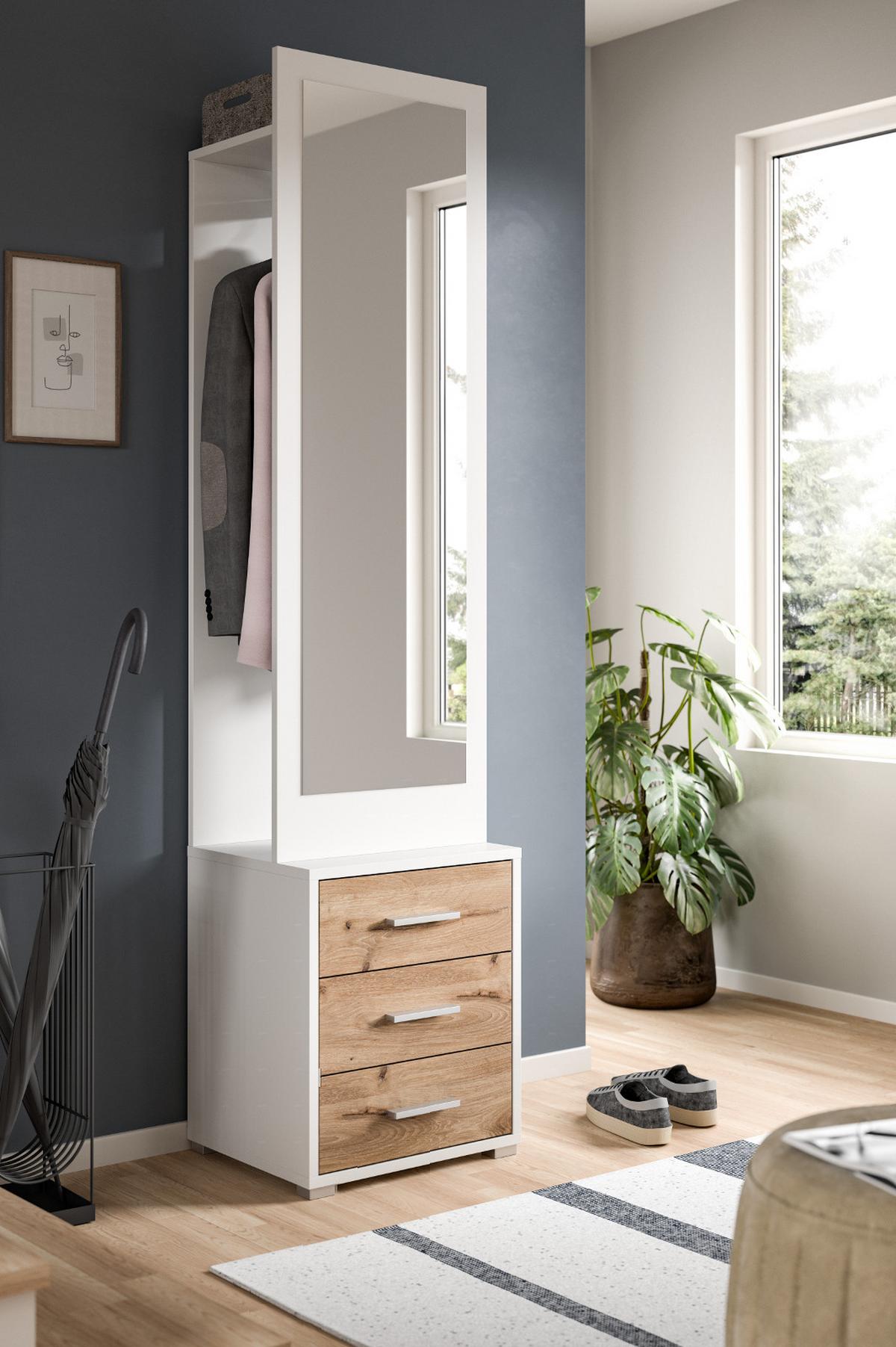 KOMPAKTGARDEROBE weiß, Eiche Nox, Garderobe mit Spiegel 45 x 190 cm - Eichefarben/Silberfarben, Glas/Holzwerkstoff (45/190/38cm) - Inn.Furn
