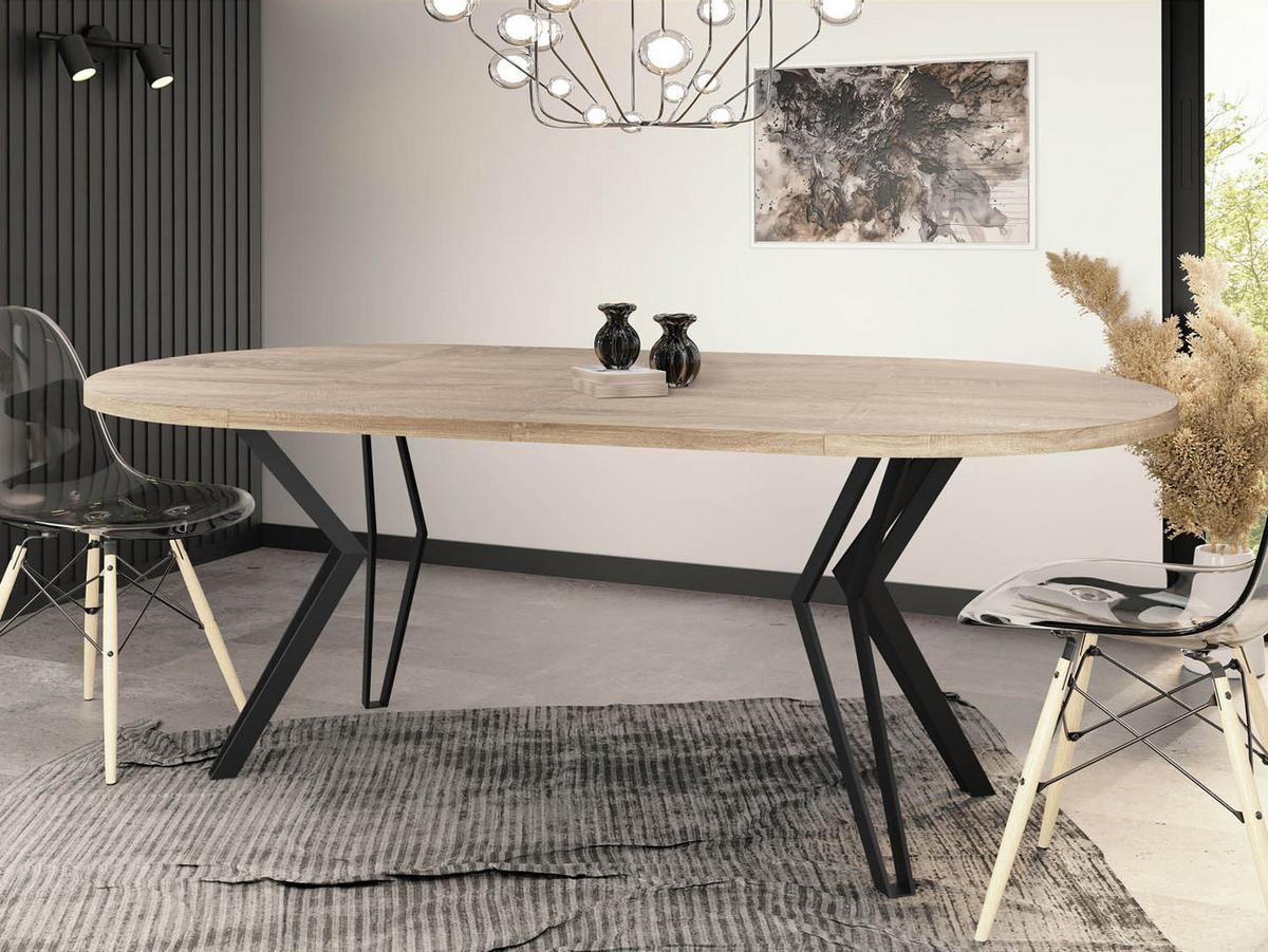 ESSTISCH Revena runder ausziehbarer, Sonoma Eiche 120-200/120/76 cm - Schwarz/Sonoma Eiche, Holzwerkstoff/Metall (120/200/76cm) - WFL GROUP