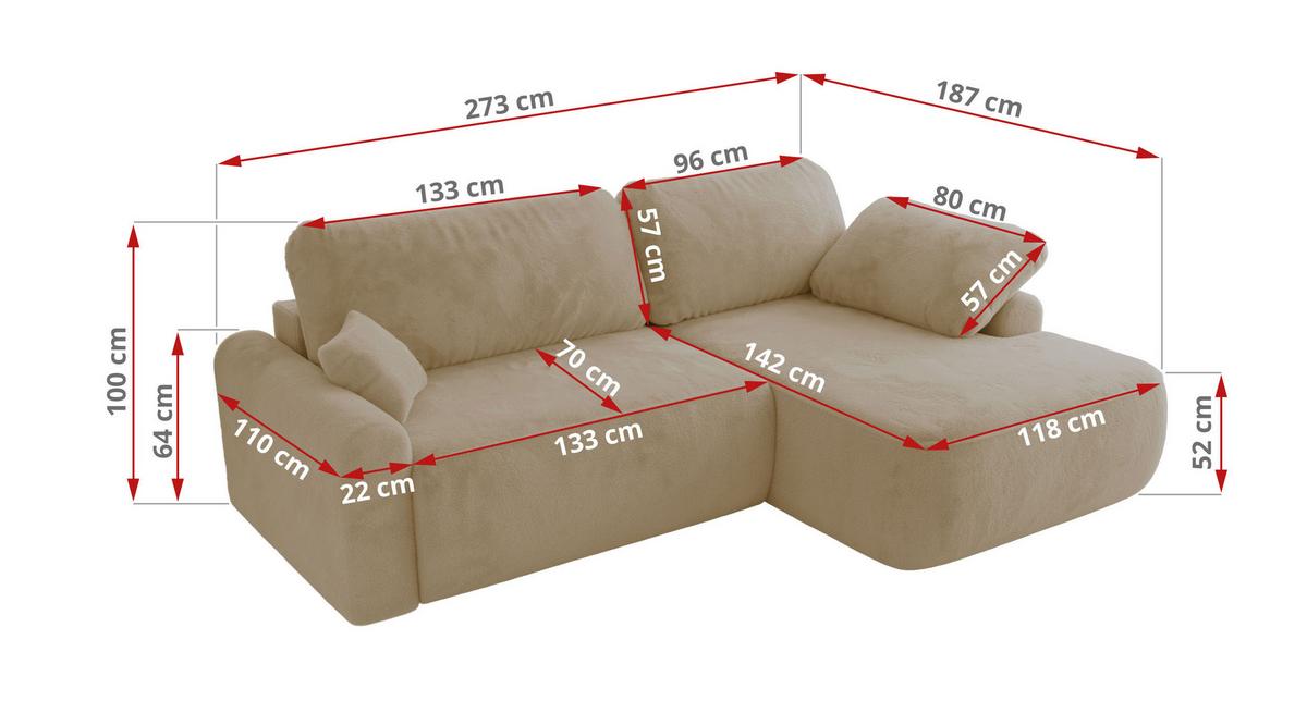 ECKSCHLAFSOFA CUBO L Creme Plüsch - links - Creme/Schwarz, Kunststoff/Textil (273/187cm) - MKS