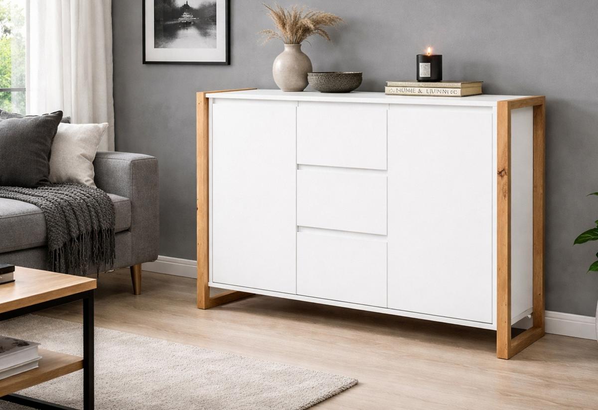 SIDEBOARD weiß, Eiche Artisan 120 x 88 cm, Kommode mit viel Stauraum - Weiß/Eiche Artisan, Holzwerkstoff (120/88/40cm) - Furn.Design