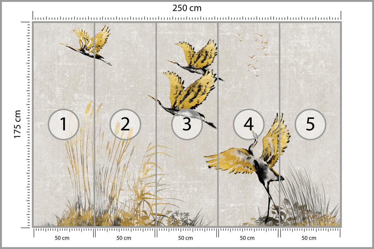 FOTOTAPETE Vögel Pflanzen Beton Abstraktion 250x175 - Gelb/Beige, Papier (250/175cm) - Muralo