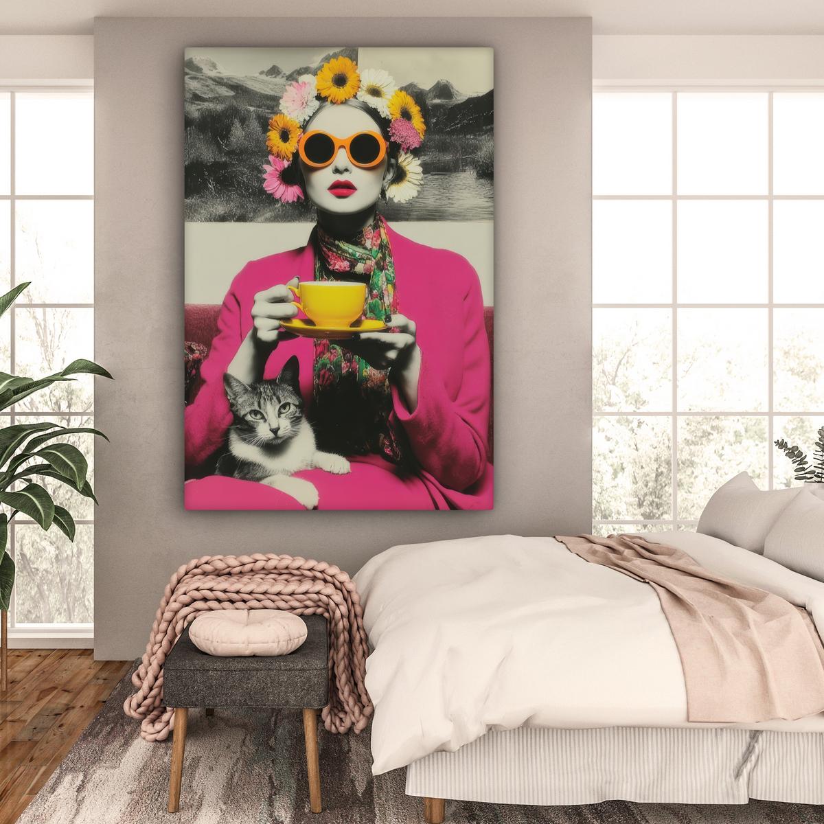 LEINWANDBILD Frau - Katze - Blumen - Tasse - Retro Deko Groß 90x140 cm - Magenta, Textil (90/140cm) - MuchoWow