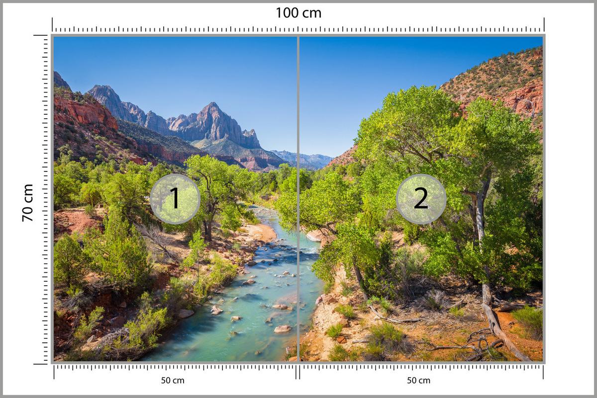 FOTOTAPETE für Esszimmer Virgin River Bäume Felsen Berge Natur 100x70 - Türkis/Blau, Papier (100/70cm) - Muralo