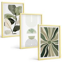BILDER SET 3er Set - 40x60 cm Goldrahmen - Pflanzenmotive, Geometrie, Grün - Goldfarben, Kunststoff (40/60cm) - TULUP
