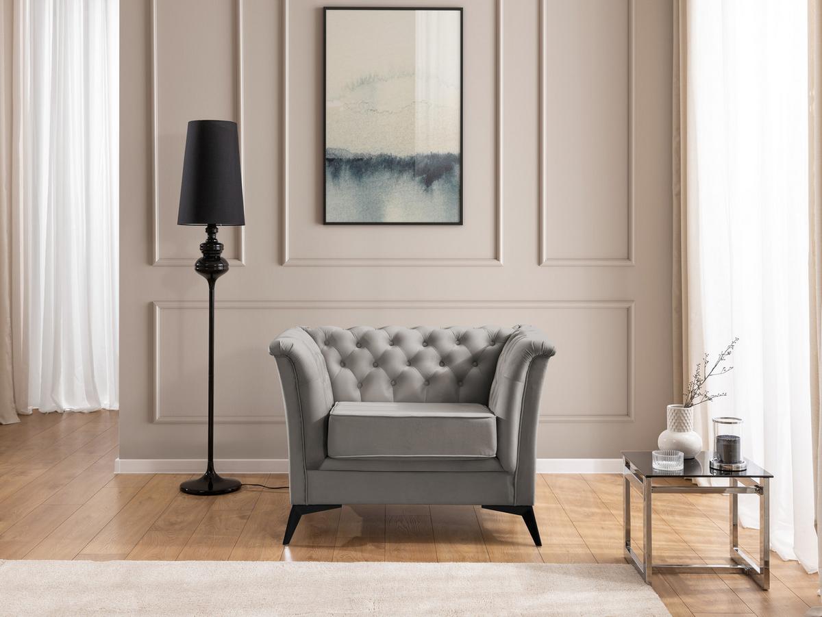 SITZGARNITUR 3+1 Chesterfield Whitby Grau Samt mit schwarzen Füßen - Schwarz/Grau, Holz/Textil (237/78/82cm) - S-Style Möbel
