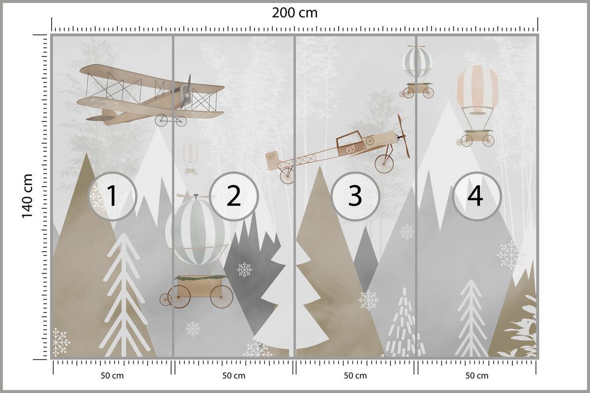 FOTOTAPETE für Kinderzimmer Flugzeuge Bergen Bäume 200x140 - Beige/Braun, Papier (200/140cm) - Muralo