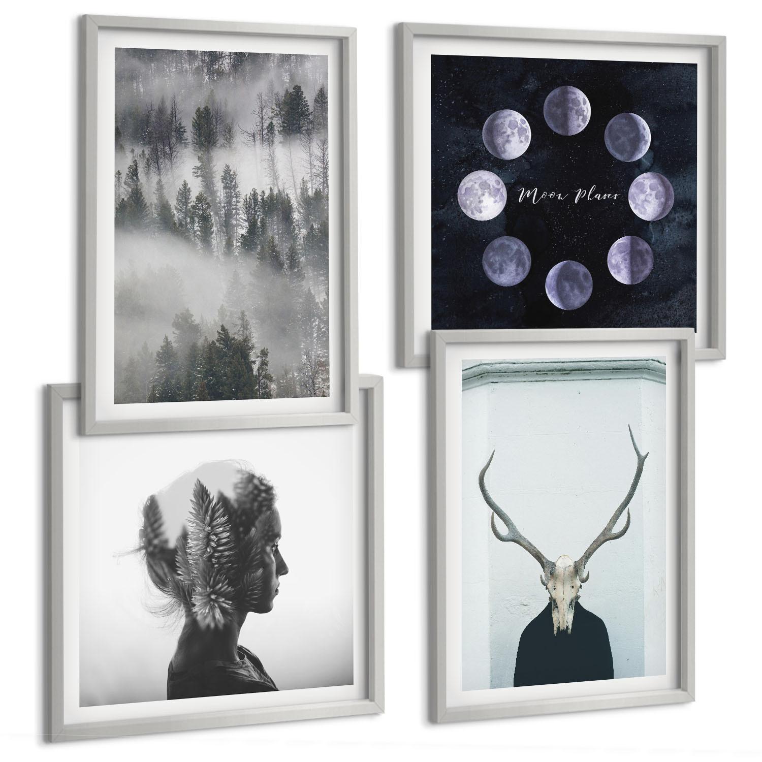 BILDER SET 4er Set - 50x50 cm & 40x60 cm Silberner Rahmen - Waldnebel, Mond, Schädel, Frau - Silberfarben, Kunststoff (50/50cm) - TULUP