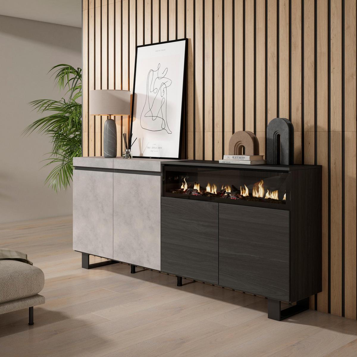 SIDEBOARD Elektrokamin, zementgrau, 200/35/87cm - Schwarz/Grau, Holzwerkstoff (200/87/35cm) - Skraut Home