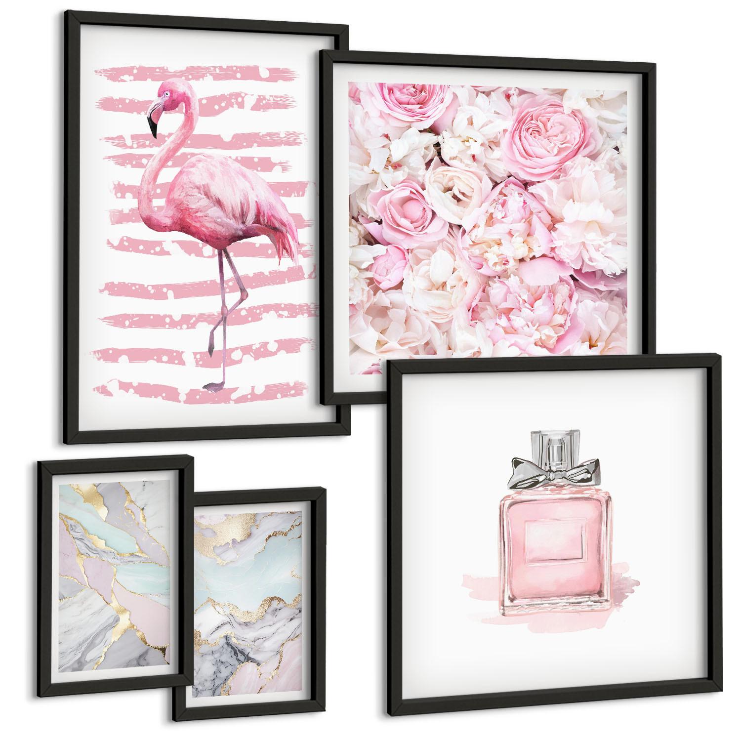 BILDER SET 5er Set - 50x50 cm & 20x30 cm & 40x60 cm Schwarzer Rahmen - Rosa Blumen Marmor Pastell - Schwarz, Kunststoff (40/60cm) - TULUP