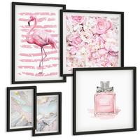 BILDER SET 5er Set - 50x50 cm & 20x30 cm & 40x60 cm Schwarzer Rahmen - Rosa Blumen Marmor Pastell - Schwarz, Kunststoff (40/60cm) - TULUP