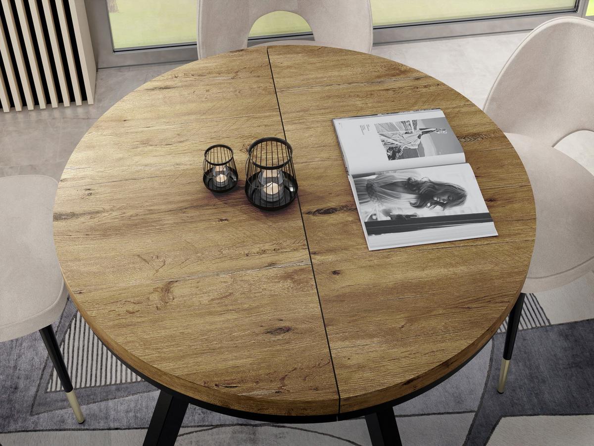 ESSTISCH Lume runder ausziehbarer, Lancelot Eiche 100-150/100/76 cm - Eichefarben/Schwarz, Holz/Holzwerkstoff (100/150/76cm) - WFL GROUP