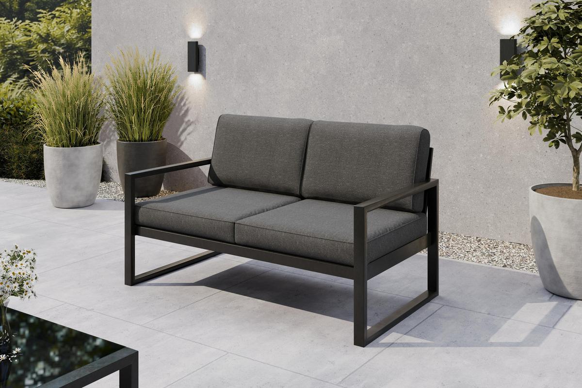 GARTENBANK Bellano Outdoor 2-Sitzer Polster-Loungebank, Stahlgestell Schwarz, Grau 76/146/80 cm - Grau, Textil (146/86/80cm) - WFL GROUP