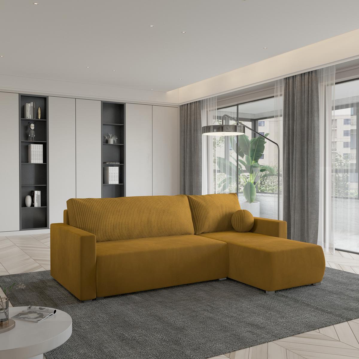 ECKSOFA SORGE Gelb Plüsch-Stoff mit Schlaffunktion - Gelb, Holz (220/143cm) - MASSENO