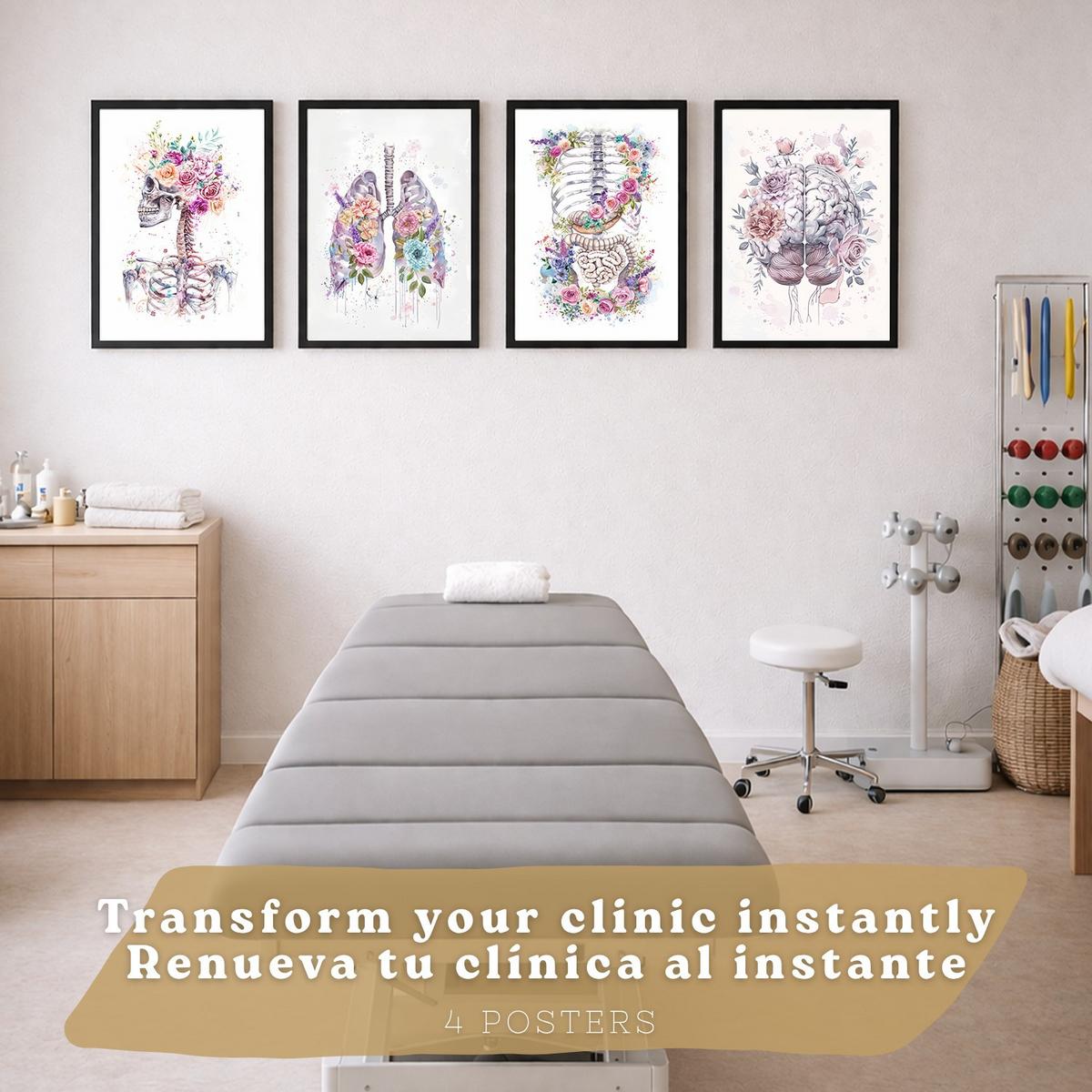 POSTER Set aus 4 Anatomie Mensch Drucke und mit Schädel Lungen Verdauungssystem und Gehirn Florales Aquarell Design Größe Schwarzer Rahmen A3 - Schwarz, Papier (29.7/42/3cm) - Nacnic