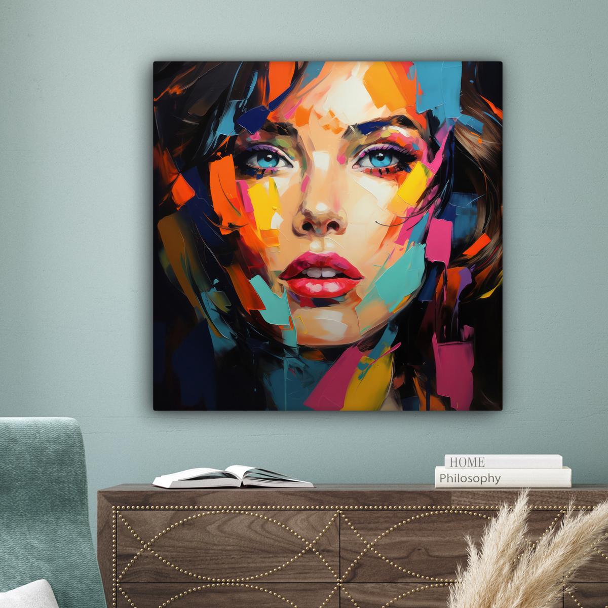 LEINWANDBILD Frau - Porträt - Farbenfroh - Kunst Deko Groß 90x90 cm - Multicolor, Textil (90/90cm) - MuchoWow