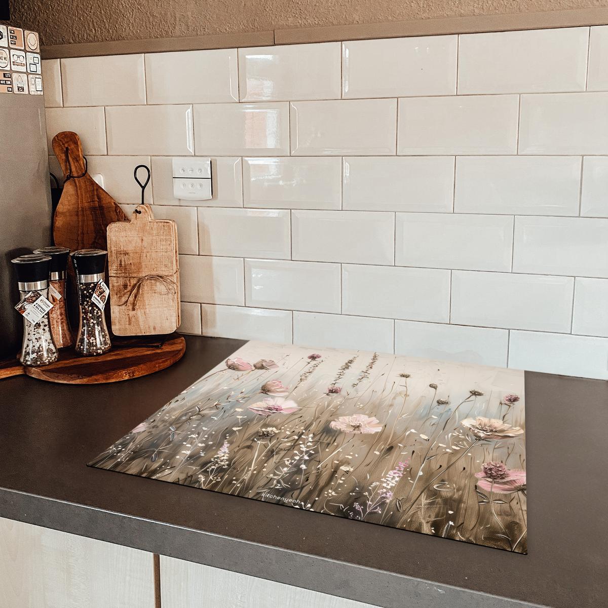 HERDABDECKPLATTE Blumen - Beige - Trockenblumen Abdeckung Ceranfeld 59x51 cm - Beige, Kunststoff (59/51/0.2cm) - MuchoWow