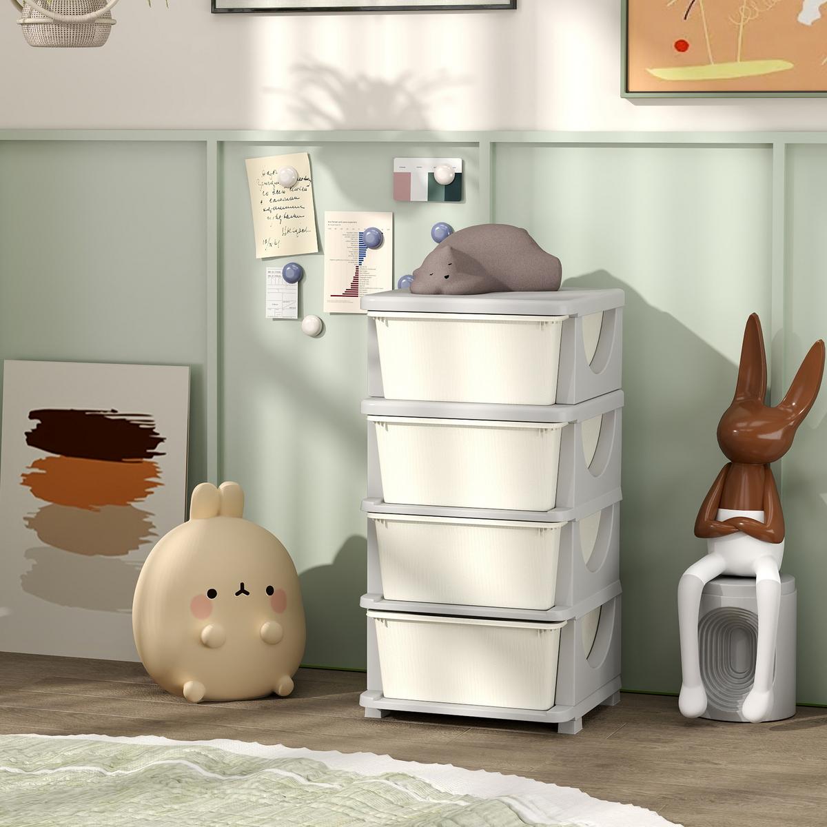AUFBEWAHRUNGSBOXEN für Kinder, 4 große Schubladen, Kunststoff - Creme, Kunststoff (37/76/37cm) - HOMCOM