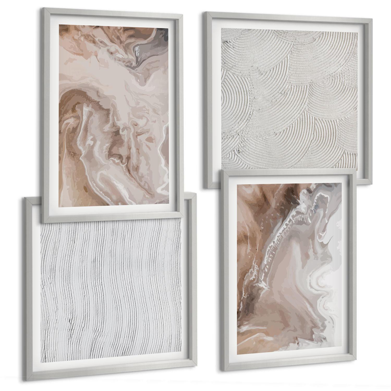 BILDER SET 4er Set - 50x50 cm & 40x60 cm Silberner Rahmen - Abstrakte Marmormuster aus Stein - Silberfarben, Kunststoff (50/50cm) - TULUP