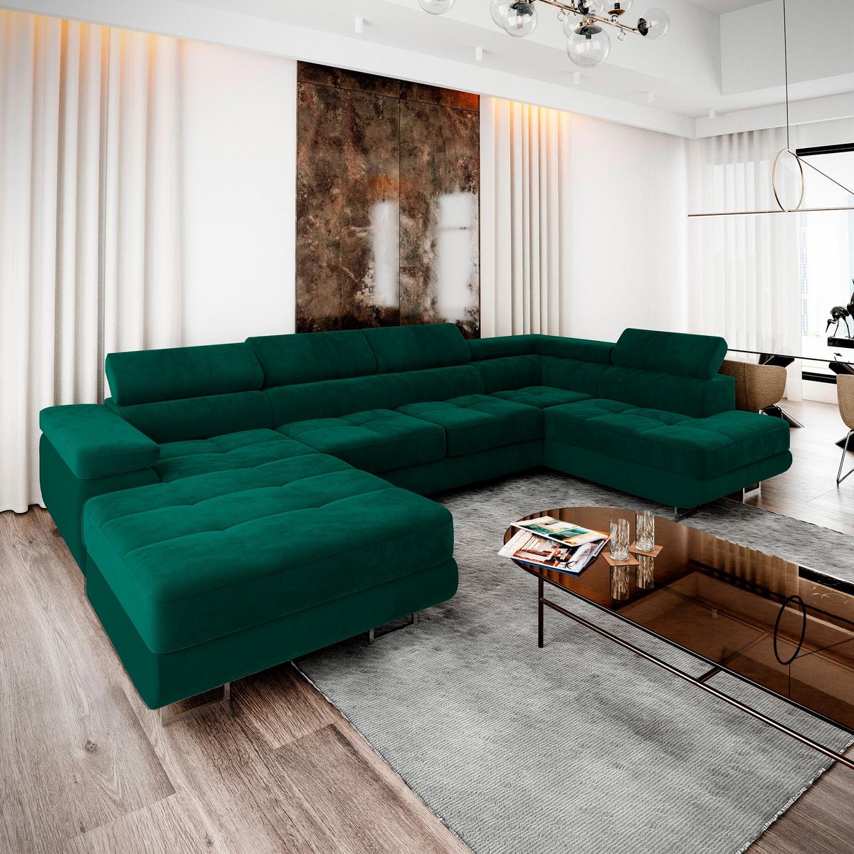 WOHNLANDSCHAFT CASONE R-S Grün Velours-Stoff mit Schlaffunktion - Silberfarben/Grün, Holz/Textil (345/90/202cm) - MASSENO