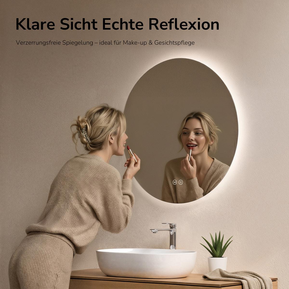BADSPIEGEL Rund mit Beleuchtung Rahmenlos, 3 Lichtfarben, Ø 60 cm - Transparent, Glas (60/60/3cm) - EMKE