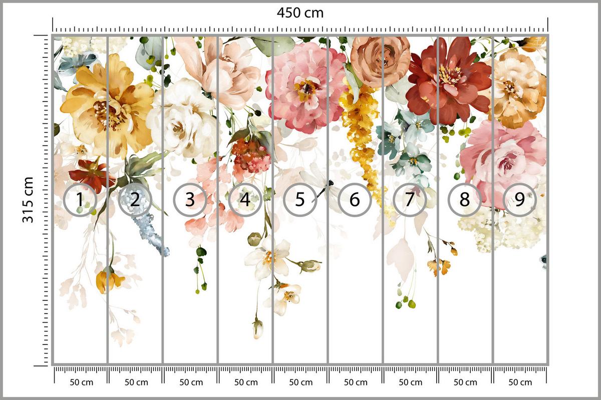 FOTOTAPETE für Schlafzimmer Aquarell Bunte Blumen Ranken Blätter 450x315 - Gelb/Rot, Papier (450/315cm) - Muralo