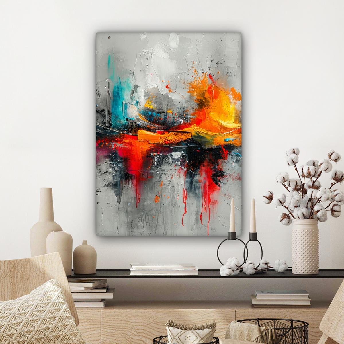 LEINWANDBILD Moderne Kunst - Orange - Grau - Abstrakt Wandbild Wohnzimmer 60x80 cm - Hellgrau, Textil (60/80cm) - MuchoWow
