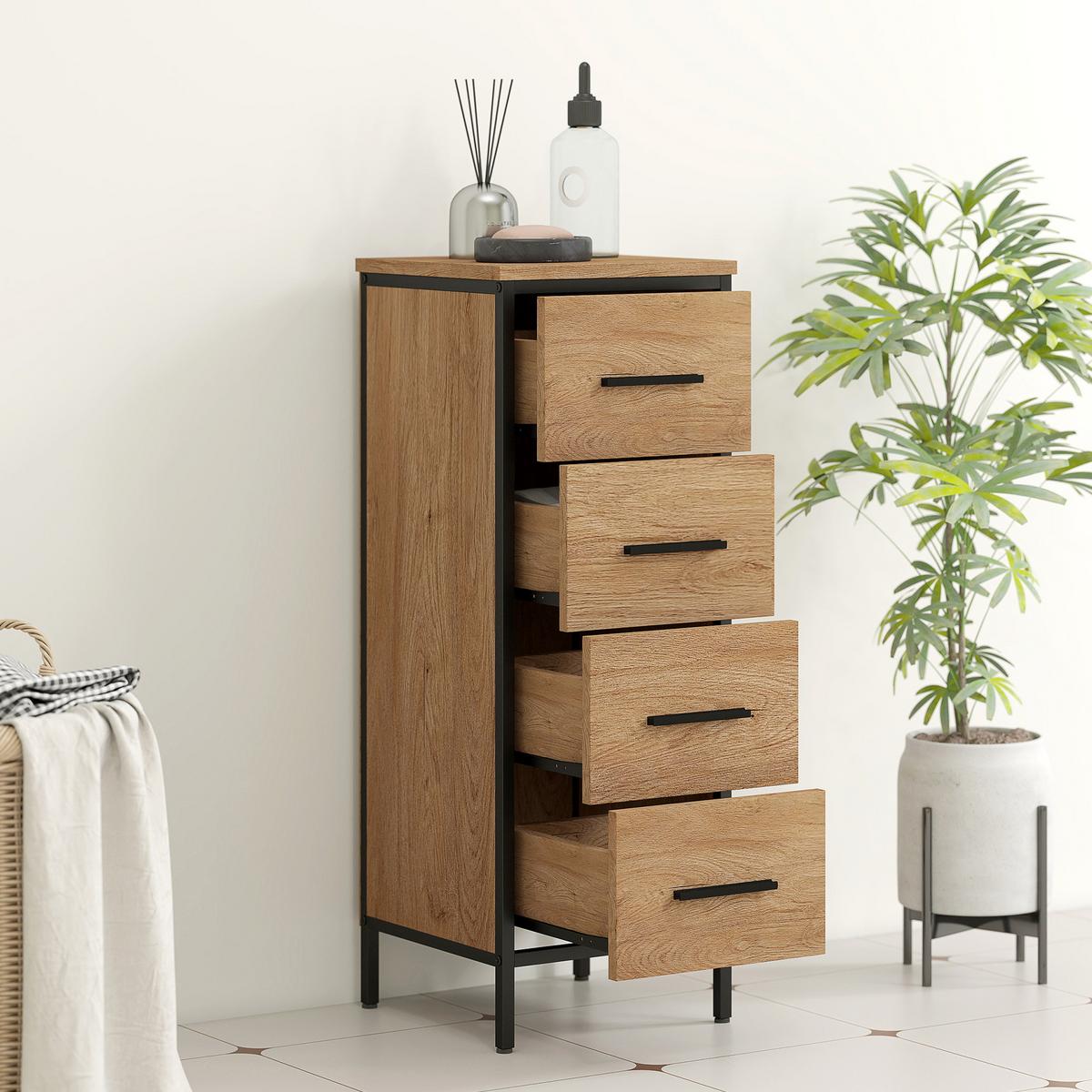 BADSCHRANK MDF Stahl Eiche - Eichefarben/Schwarz, Holzwerkstoff/Metall (30/82/30cm) - HOMCOM