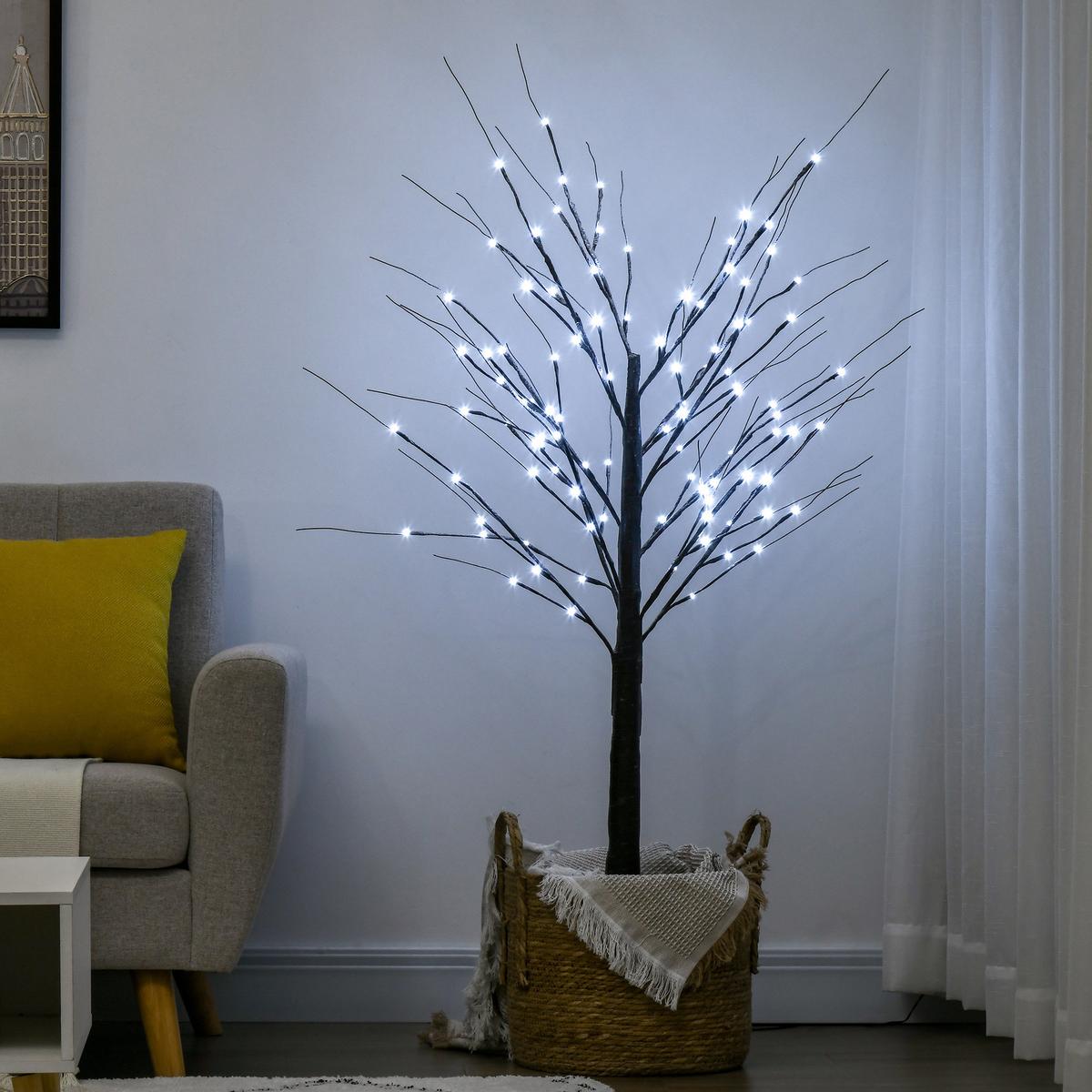 150 cm Kunstbaum, Birkenbaum mit 96 LED, Kunstschnee für Party, Braun - Braun, Kunststoff (22/150/22cm) - HOMCOM