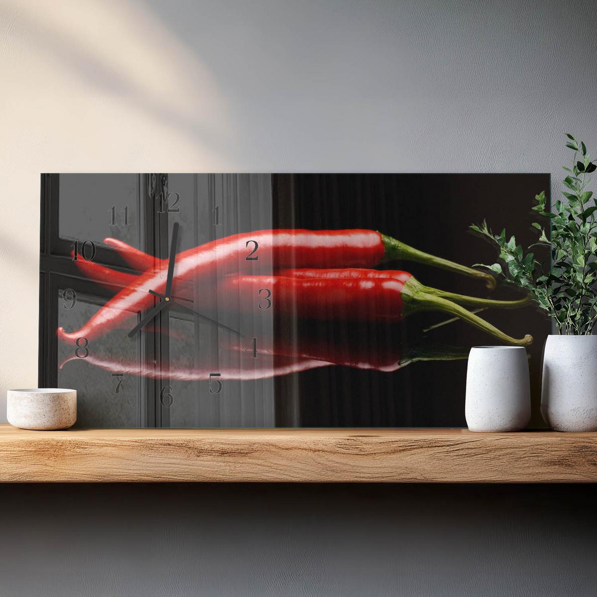 WANDUHR aus Glas 60x30 cm - Chilischoten - Schwarz, Glas (60/30/0.4cm) - TULUP