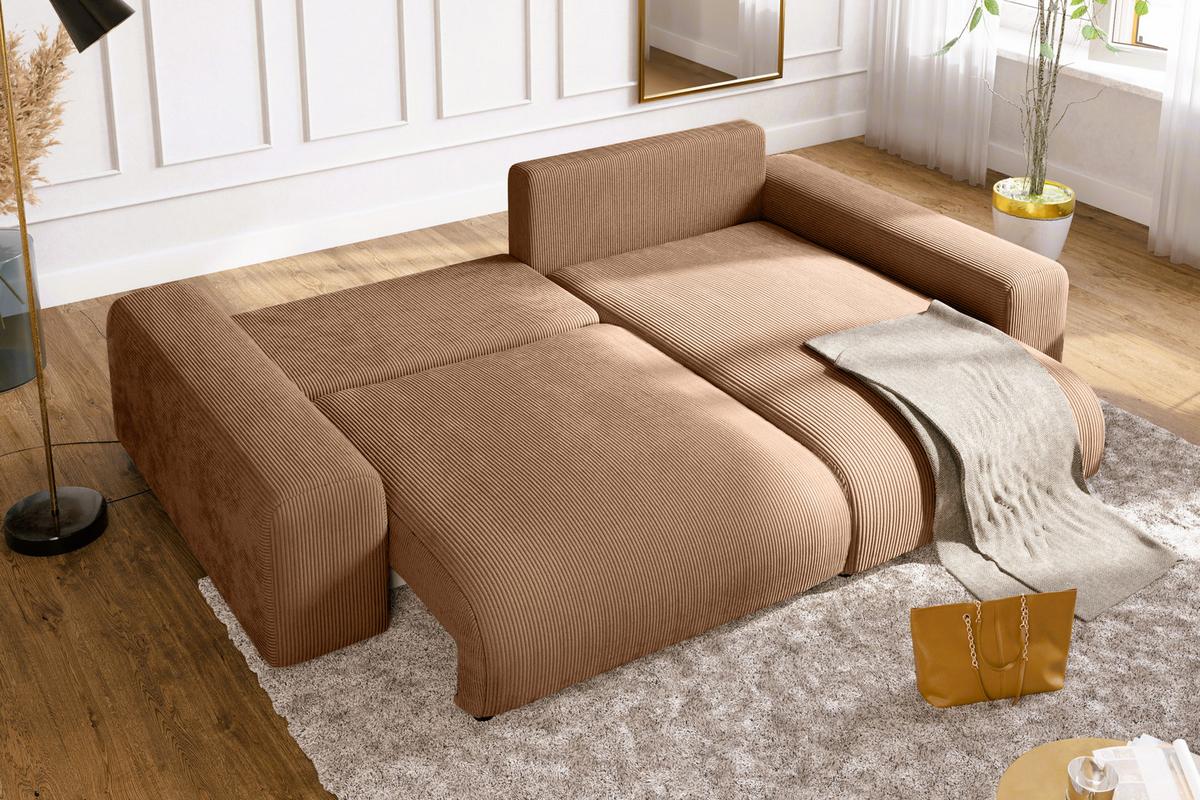 ECKSOFA mit Schlaffunktion, Bettkasten, Wellenunterfederung, seitenverkehrt montierbar B255/T165/H84 cm, Liegefl. 148x196 cm, Cord Hellbraun / 21002 - Hellbraun/Schwarz, Kunststoff/Textil (255/165cm) - luma-home