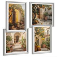 BILDER SET 4er Set - 50x50 cm & 40x60 cm Silberner Rahmen - Terrasse mit Zitrusbäumen - Silberfarben, Kunststoff (50/50cm) - TULUP