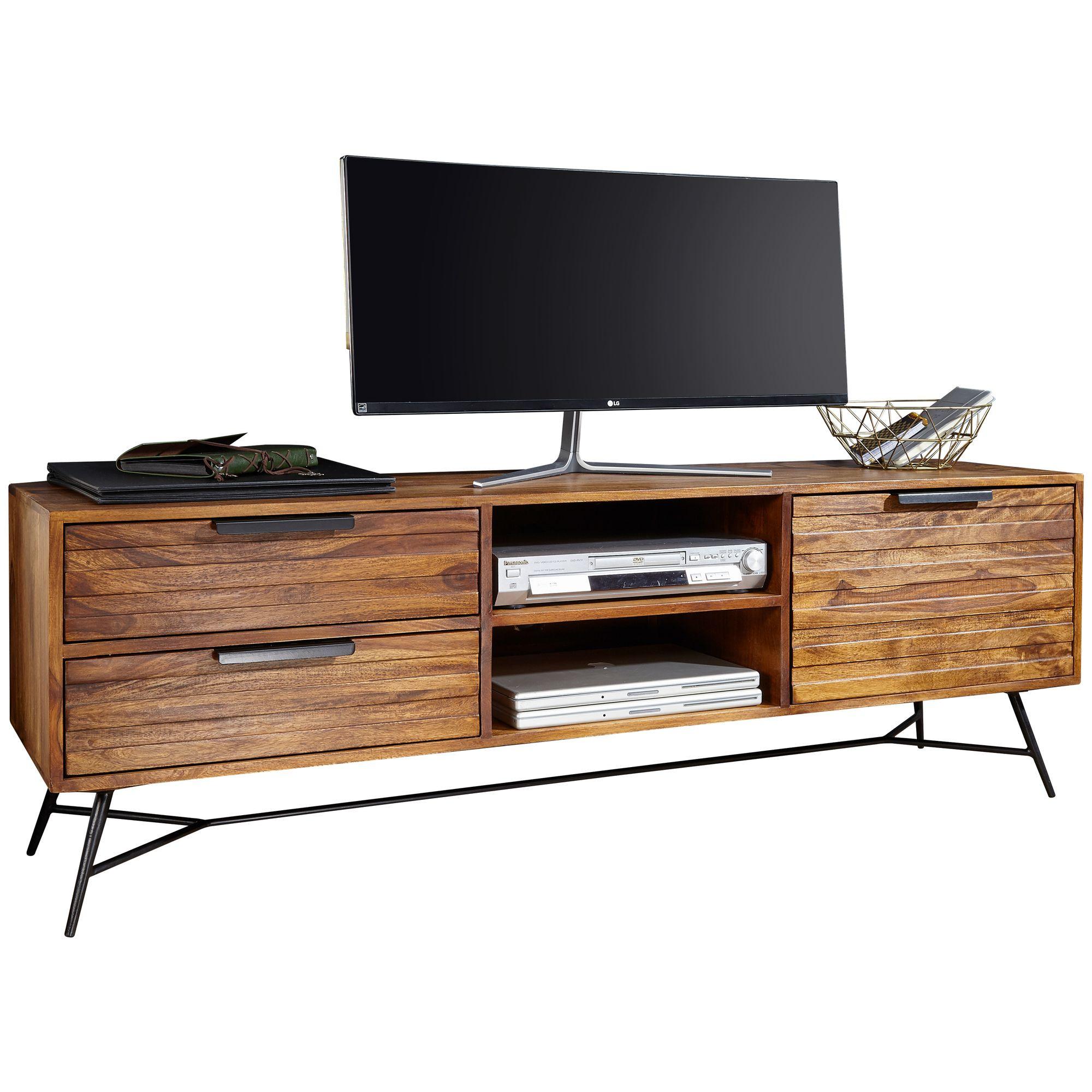 LOWBOARD Massivholz Industrial Stil 160x54x40 cm Modell NISHAN mit Stauraum und Schubladen - Schwarz/Braun, Holz/Metall (160/54/40cm) - KADIMA DESIGN