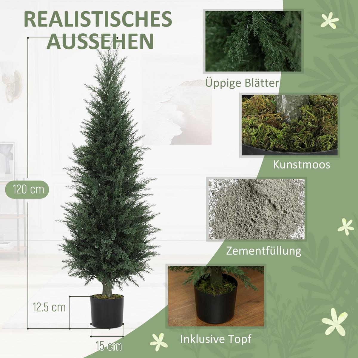 KÜNSTLICHE Zypresse groß 120 cm Kunstpflanze, künstliche Pflanzen im Topf - Grün, Kunststoff (120cm) - HOMCOM