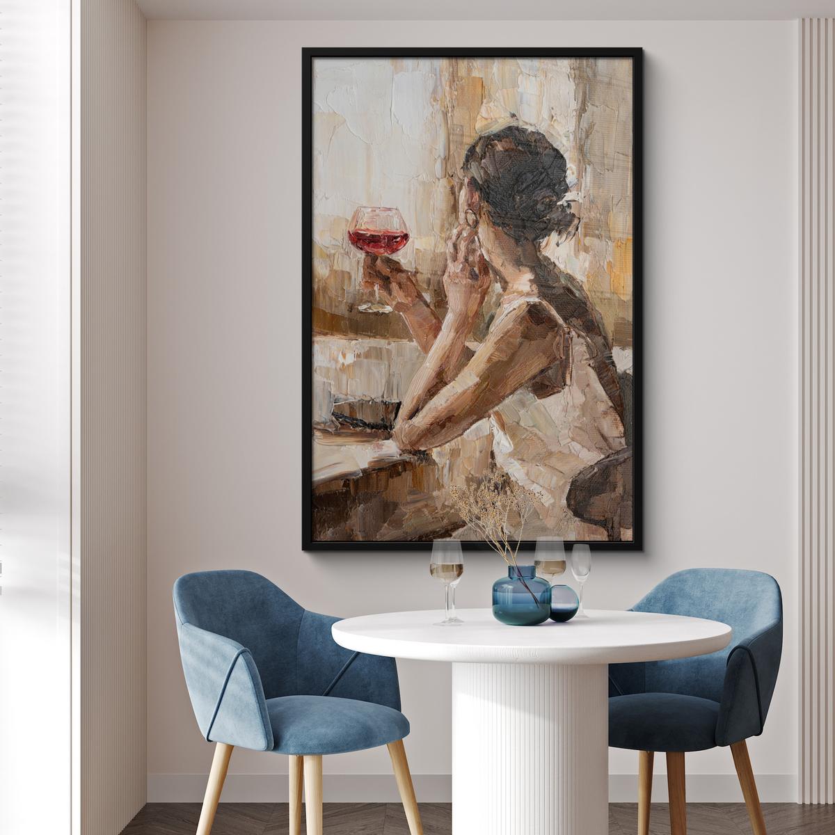 POSTER MIT RAHMEN Ölgemälde - Frau - Wein Bilderleiste 80x120 cm - Hellbraun, Papier (80/120cm) - MuchoWow