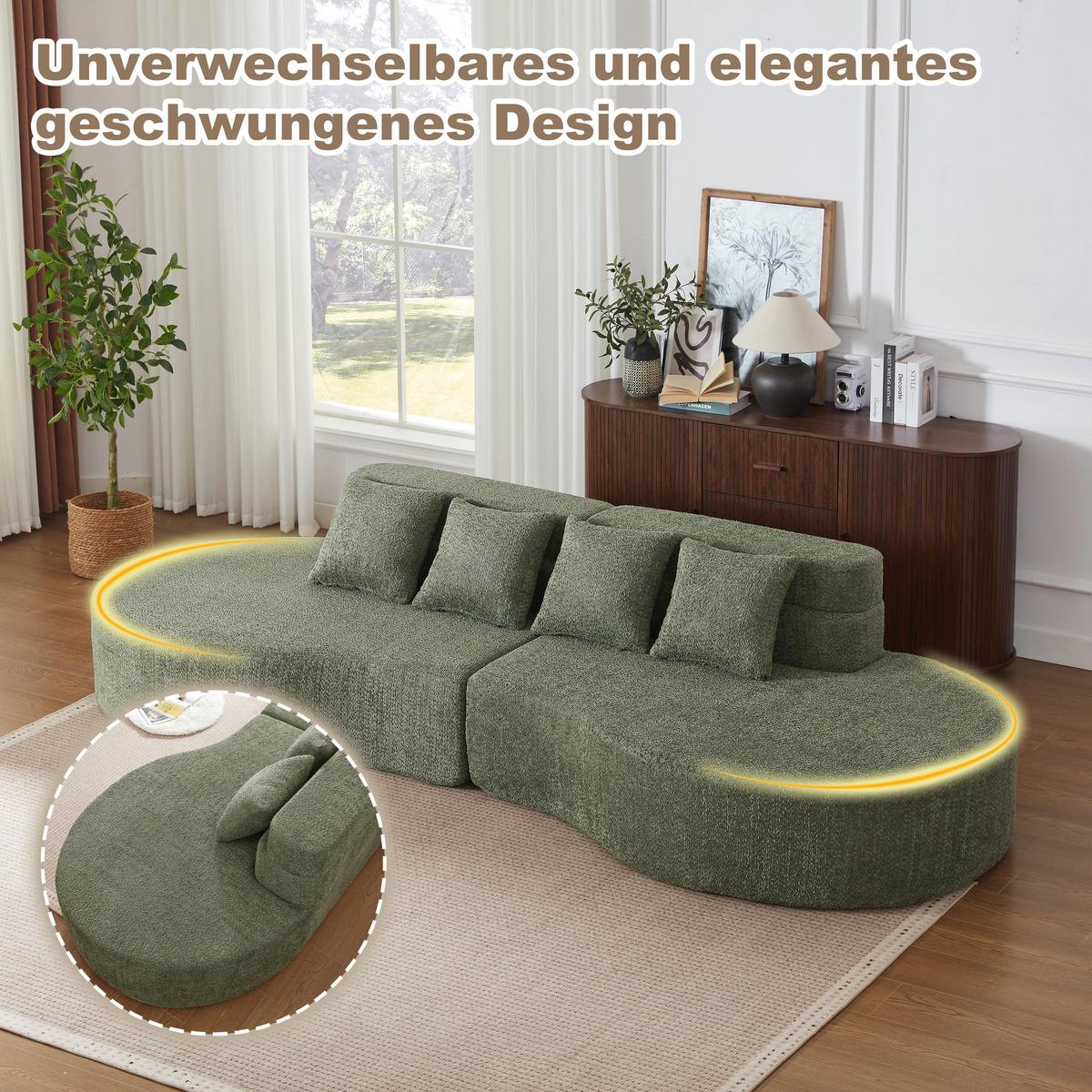 SOFA aus Chenille in Grün Modularer Memory-Schaum & Waschbarer Bezug - Grün, Textil (110/65/310cm) - Urban Meuble