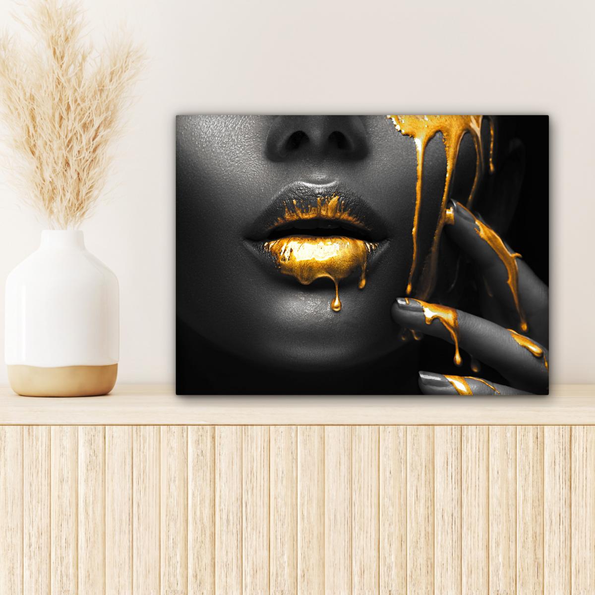 LEINWANDBILD Frau - Schwarz - Gold - Gesicht - Lippen Wandbild 40x30 cm - Goldfarben, Textil (40/30cm) - MuchoWow