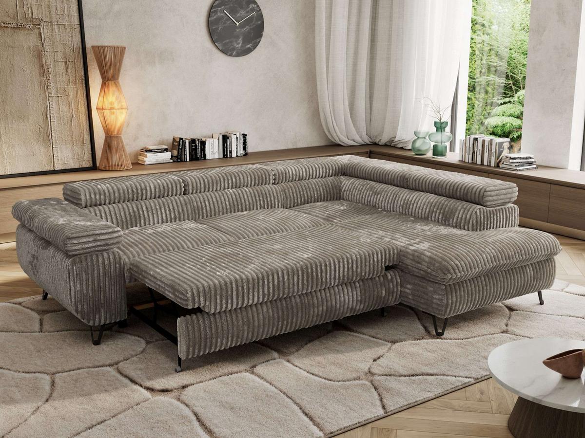 ECKSOFA PABLO L Grau Cord - Rechts Seite mit T25 Topper - Schwarz/Grau, Textil/Metall (273/208cm) - MKS