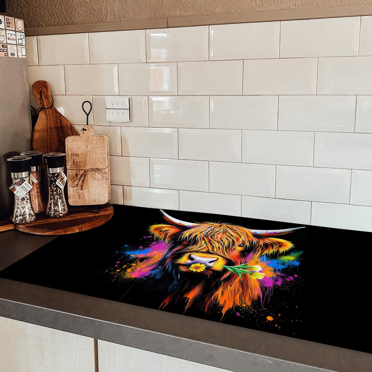 HERDABDECKPLATTE Schottischer Highlander - Graffiti - Bunt - Blume - Tiere Induktionsschutz 91.6x52.7 cm - Multicolor, Kunststoff (91.6/52.7/0.2cm) - MuchoWow