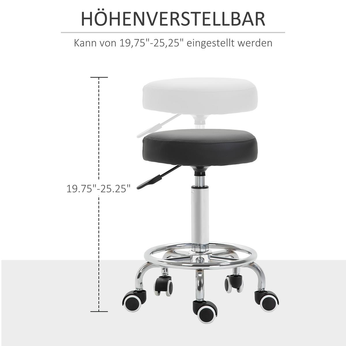ROLLHOCKER Höhenverstellbarer Arbeitshocker mit Fußring Kunstleder Schwarz - Schwarz, Leder (42/64/42cm) - Vinsetto